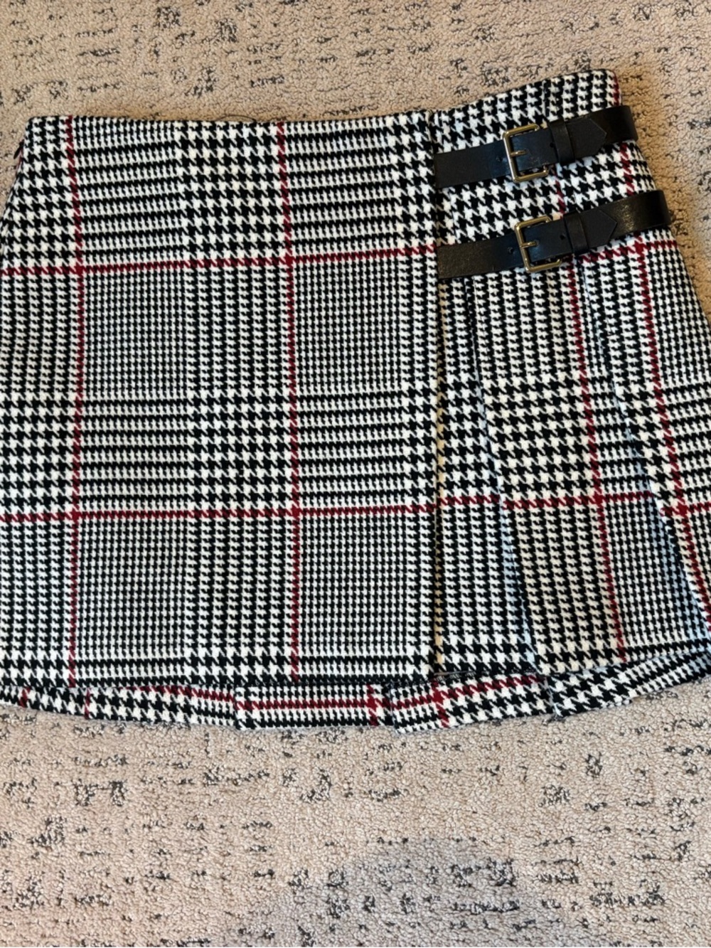 Retrofete Black White Red Plaid Mini Skirt with Buckle Detail